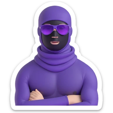 shirtless athletic man with white skin, wearing a purple balaclava face mask and purple sunglasses with black tinted lenses sticker