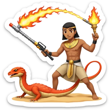 an egyptian man fighting a sand viper using a flamethrower sticker