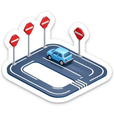 
A 3D minimal icon showing a street route to a destination with a single vehicle, a blue road, and small red accents for alerts. The style is clean, minimal 3D, with a transparent background. sticker