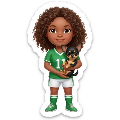 Une fille. Cheveux bouclée. Porte à maillot. Vert. Avec un chihuahua noir marron poil courut c'est une fille daisy et pour finir par apprend dans les brastous les 2. Avec sa maîtresse avec. Et moi mmatichienne sticker