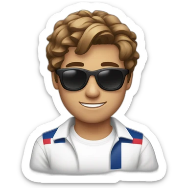 A young fit man with a white shirt and sunglasses on his hair with brown hair and a French flag in his hand sticker