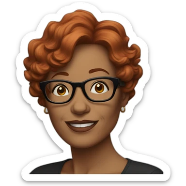 50-year-old woman with short wavy red hair, glasses, black frames holding a hanger sticker