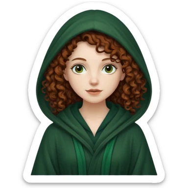 A white woman, a little thicker, with long dark auburn hair robed and hooded like she's a Traitor in the tv show The Traitors. her hair is mostly curly (kinda frizzy, not clean curls) and the robe is a dark dark forest green color sticker
