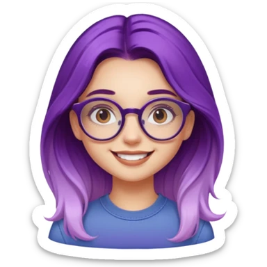 smiling influencer girl, young, long purple ombre hair, retro round glasses, trendsetter sticker