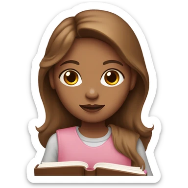 adult girl with light skin and long brown hair holding a closed baby pink book sticker