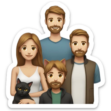 Woman with light straight brown hair and a man with a beard and two cats white and another black sticker