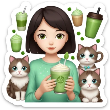 asian girl with shoart dark brown hair with a soft girl glowup aesthetic. matcha latte sparkles girly things, 2 ragdoll cats, skincare, makeup sticker