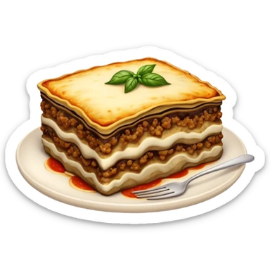 Moussaka Cinematic Realistic Moussaka Dish Emoji, depicted as a rustic serving of moussaka with layers of soft eggplant, ground meat, and a creamy topping featuring a delightfully crispy corner, rendered with rich textures and warm, inviting lighting. sticker