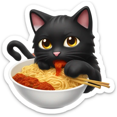 Fluffy black cat eating spicy buldak noodles  sticker