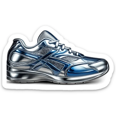 Transform the shoe into a highly reflective and metallic 3D chrome style with chrome blue accents, emphasizing the shiny and mirror-like surface. sticker