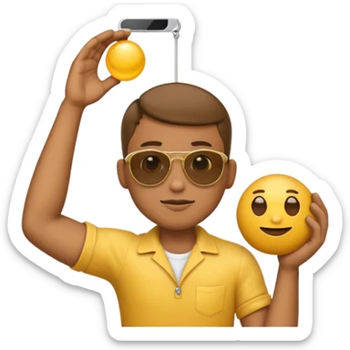 Cool emoji with shades and a handless arm hanging from his chin with a spherical object on either side sticker