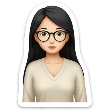 medium tan asian woman with long black hair past middle of back, round brown eyes, white v neck blouse. she has black thick frame glasses on. sticker