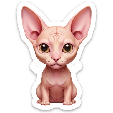 Cinematic Cute Sphynx Cat Portrait Emoji, Head tilted playfully and inquisitively, soft, wrinkled skin in warm peach and pink hues, oversized ears and wide, expressive eyes filled with curiosity, Simplified yet irresistibly adorable features, highly detailed, glowing with a warm, friendly glow, high shine, affectionate and lively, stylized with a touch of whimsy, bright and endearing, soft glowing outline, capturing the essence of a mischievous yet loving kitten, so playful it feels like it could pounce out of the screen and into your arms! sticker