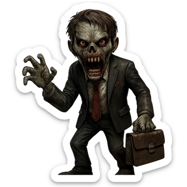 Make the zombie's face scarier while keeping the suit. Remove the background. The style should resemble a scary zombie character with detailed facial features and a frightening expression. sticker