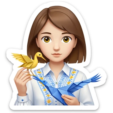 Ukrainian young girl with brown hair wearing a white embroidered shirt holds an origami yellow-blue crane sticker