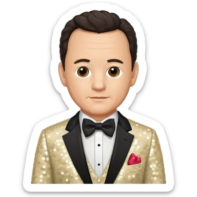 Tom Hanks with dark brown hair, cream sequin suit with bow tie sticker