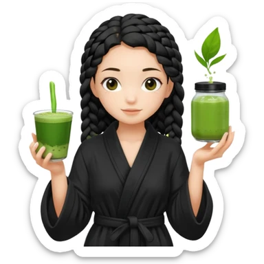 Fair skinned girl, black one braid hair wearing black bathrobe, holding a matcha sticker