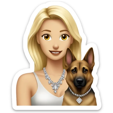 blonde beauty with jewelry indoors with German shepherd dog mix sticker