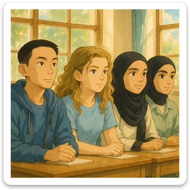 Illustrate four students sitting together attentively following a class in a bright classroom. The atmosphere is studious with natural and focused expressions on their faces. Style is Ghibli with a luminous classroom background, capturing a calm and concentrated mood. sticker