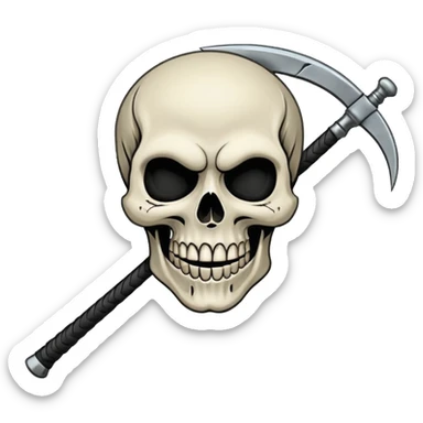A laughing skull with a scythe crossed behind it, one eye socket winking. Clean, stylized lines, flat vector. Medieval woodcut style. Black and white with one accent color (tarnished silver). No background. sticker