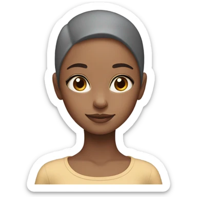 A girl with no hair and brown skin with a grey cat sticker