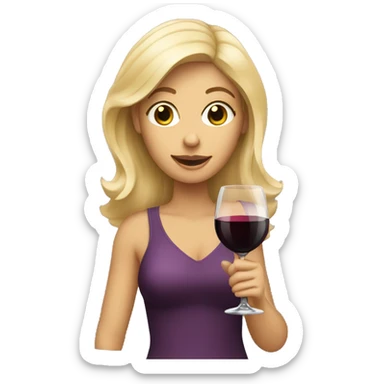 A blonde woman holding up a wine glass sticker