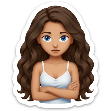 Girl with olive skin, blue eyes, brown dark insanely wavy long hair, white camisole, crossing arms in an x shape sticker