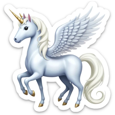All white Cinematic Noble Unicorn with wings, slender with a flowing mane and tail and spiraled horn sticker