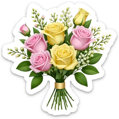 A mixed bouquet of four flowers, featuring pink roses and yellow lisianthus. sticker