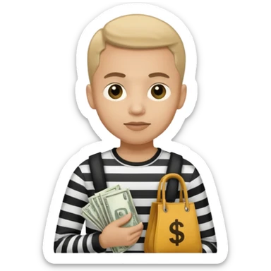 Un ladrón con camisa de rayas blancas y negras mirando hacia la frente con una bolsa de dinero  sticker