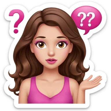 girl with long wavy brown hair, brown eyes, long lashes makeup, sexy pink lips, light to medium complexion, wearing a pink sexy top, shugging, question mark one speech bubble sticker