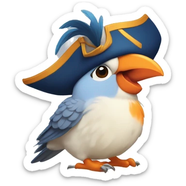 Blue Cockatiel, blushy cheeks, orange feathers on top, headshot, very happy, wearing a pirate hat sticker