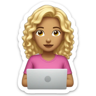 A mulatto girl with blond hair at the computer hits herself on the forehead with her palm sticker