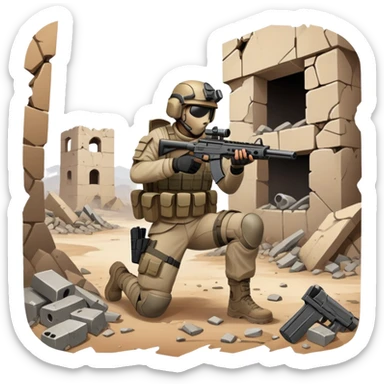 A skilled airsoft player in tactical gear, aiming a gun and shooting metal BBs in a desolate, ruined landscape. The setting is filled with broken walls and debris, creating a tense atmosphere of strategy and precision in a high-stakes tactical environment sticker