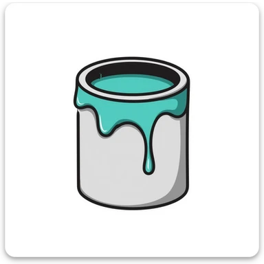 gray paint can with teal paint inside, some teal paint spilling over sticker