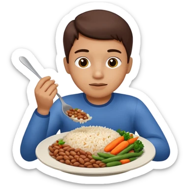 Create a person having lunch. Not a sandwich. Rice, beans, vegetables and chicken. sticker