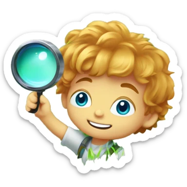 Little boy with blue/turquoise eyes, no glasses, and strawberryblonde wavy hair crouching down low in a lot of green grass. He is holding a magnifying glass, closely examining nature and looking happy/curious sticker