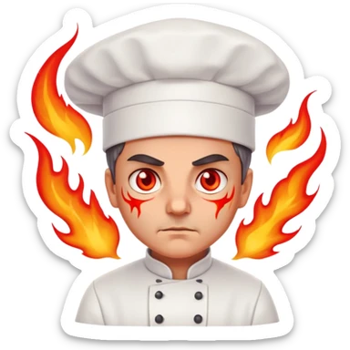 focused chef with glowing red eyes, flames bursting sticker