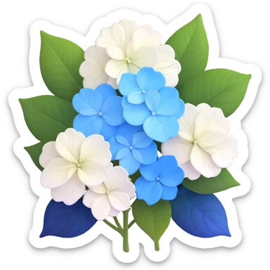 White and blue gradient hydrangea (ajisai) flower in Japanese woodblock print style, with seasonal rain elements and kanji-inspired background, Edo period aesthetic sticker