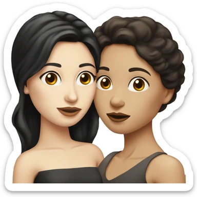 Woman with long straight black hair kissing woman with short curled dark brown hair. Both with pale complexion sticker