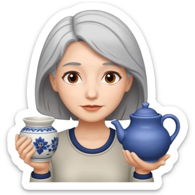 Woman with grey hair with ceramics sticker