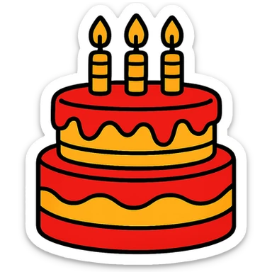 large red and yellow birthday cake with three candles, cartoon style, no background sticker