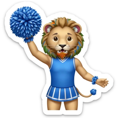 Lion wearing a blue and white cheer uniform with blue and whit Pom Poms cheering sticker