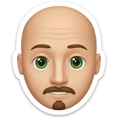 white caucasian bald man's face, with brown goatee and dark green eyes, oval face, rounded, big, little eyes a small smile sticker