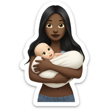 Pale girl with long black hair is holding a pale newborn baby sticker