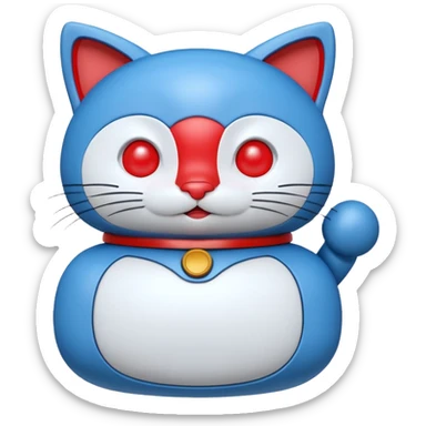 Doraemon, blue robotic cat with a red nose and a white face sticker