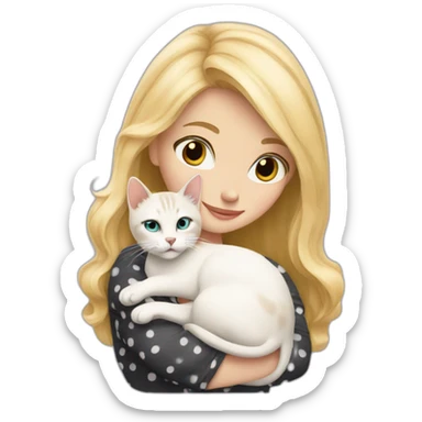 blonde-haired woman cuddling with a white spotted cat sticker