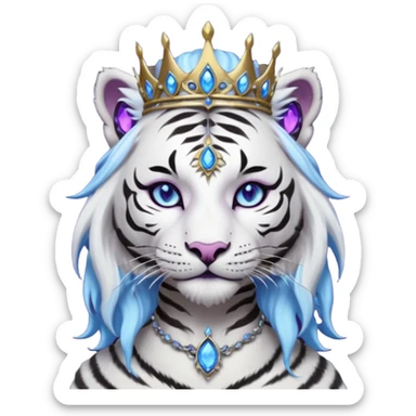 ESO Female white/black tiger khajiit leader of the umbral rose, glowing blue eyes, glowing blue 'third eye' gem, black dreadlocks; silver crown/tiara with purple gems sticker