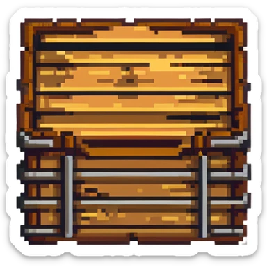 Flat 2D wooden crate with metal reinforcements, color #c2410c with darker wood grain, visible wood grain texture, metal bands across the crate, no perspective, flat 2D appearance, breakable look, simple warning symbol, 32x32 pixels sticker