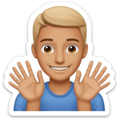 person smirking hands infront pushing out sticker